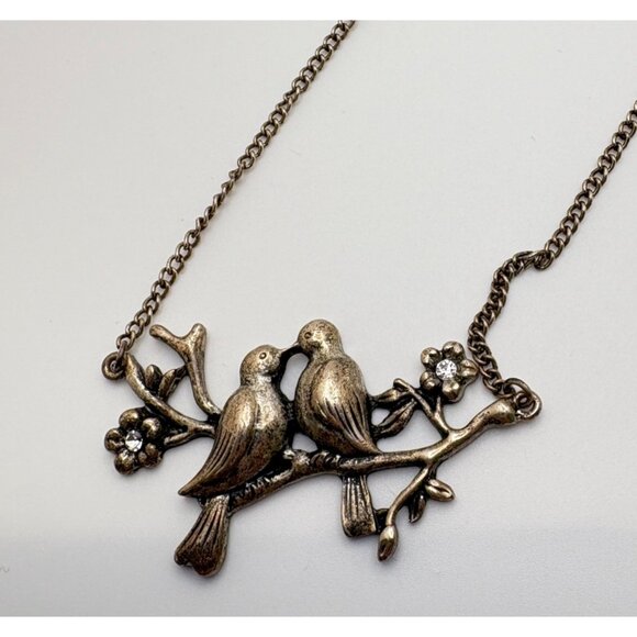 Vintage Lovebirds Pendant Necklace Sitting on Branch Rhinestone Accents - Picture 6 of 7